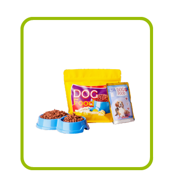 Bag of dog food and bols